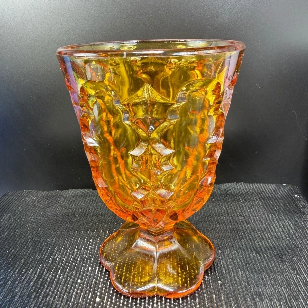 Vintage Amber Glass Goblet Diamond Starburst Footed Water Glass Cup VTG Decor‎